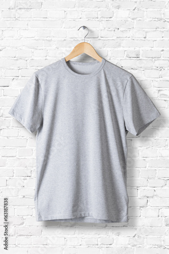 Download Blank Grey T-Shirt Mock-up hanging on white wall, front ...
