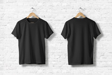 Blank Black T-Shirts  Mock-up Hanging On White Wall, Front And Rear Side View . Ready To Replace Your Design