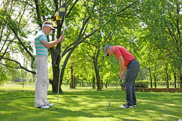 Poster - Young men playing golf on course in sunny day