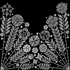 Wall Mural - Embroidery trend floral decorative pattern. Contemporary folk silver bouquets on black background for clothing, dress and jeans design. Vector.