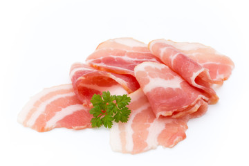 Bacon isolated on white background. Delikatese food.