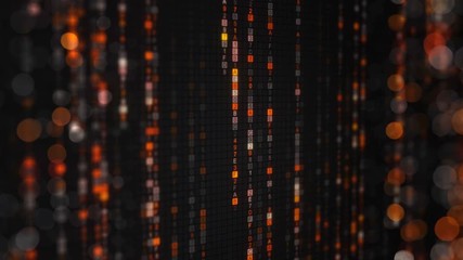 Wall Mural - orange matrix rain of digital hex code and bokeh on computer screen. seamless loop abstract technolo