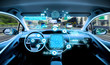 © metamorworks - empty cockpit of vehicle. HUD(Head Up Display) and digital instruments panel, autonomous car