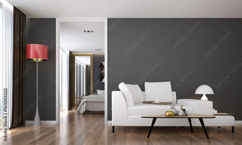 The interior of modern living room and bedroom service apartment design - obrazy, fototapety, plakaty 