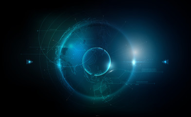 futuristic technology globe in hologram globalization concept, world map hexagon pattern transparent
