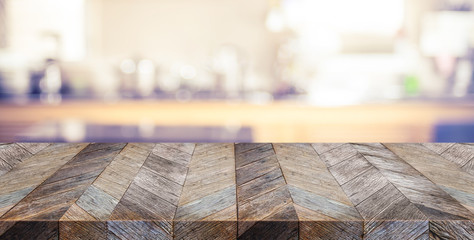 Aufkleber - Empty old plank wooden table top with blurred home kitchen,Mock up template for display or montage of your design,Banner for advertise of product,panorama view