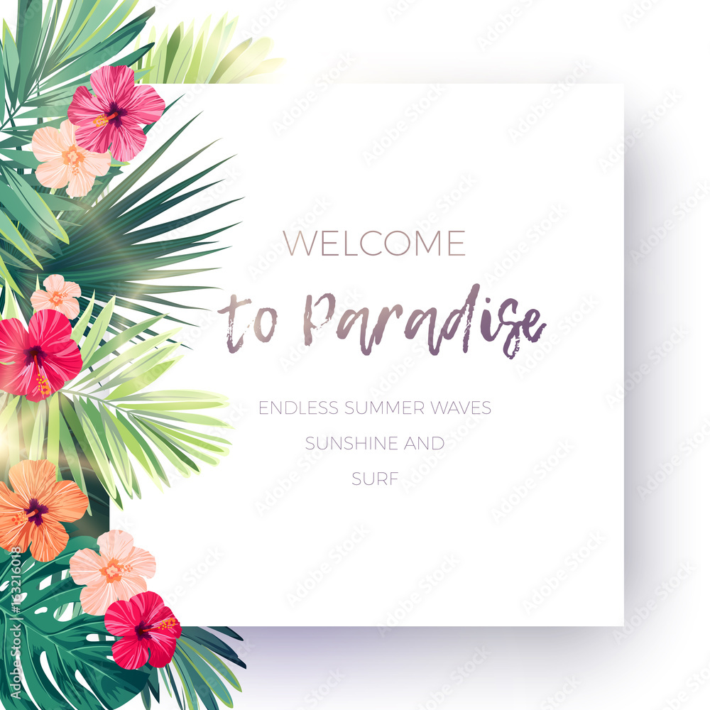 Green summer tropical background with exotic palm leaves and hibiscus ...