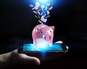 Aufkleber - Businessman holding piggy bank with flying coins going inside 3D rendering