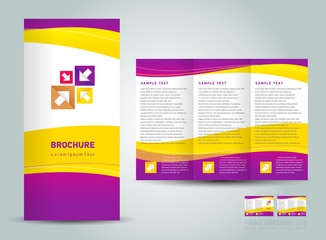 Wall Mural - Vector brochure tri-fold layout design template yellow violet white color curves background