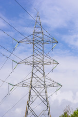 background of high voltage electrical pole with blue sky and clouds on background, symbol of civilazation and development of the city