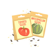 Packs Of Tomato And Watermelon Seeds Cartoon Vector Illustration