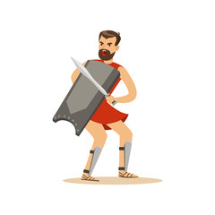 Canvas Print - Warrior character, man with a sword and a shield in a combat position vector Illustration