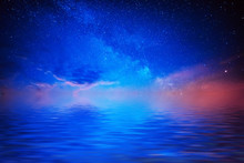 Abstract Beautiful Night Background With Blue Star Sky And Water Reflection The Lake Surface