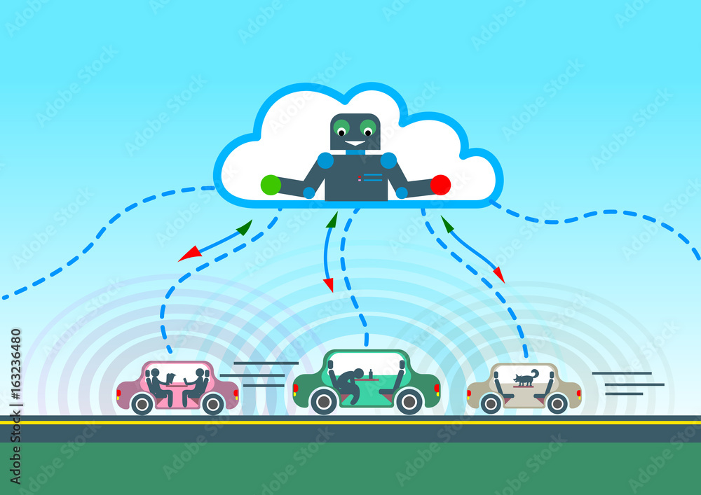 autonomous car driving on road and sensing systems. artificial ...