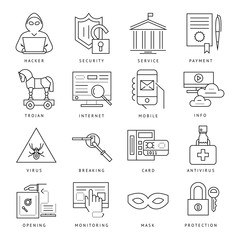 Digital vector internet security data protection icons set drawn simple line art info graphic poster, hacker user bug vulnerability mobile email trojan malware bank cloud spy intercept mask, flat