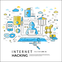 Digital vector blue internet security data protection icons set drawn simple line art info graphic poster, hacker user bug vulnerability mobile email trojan malware bank cloud spy intercept mask, flat