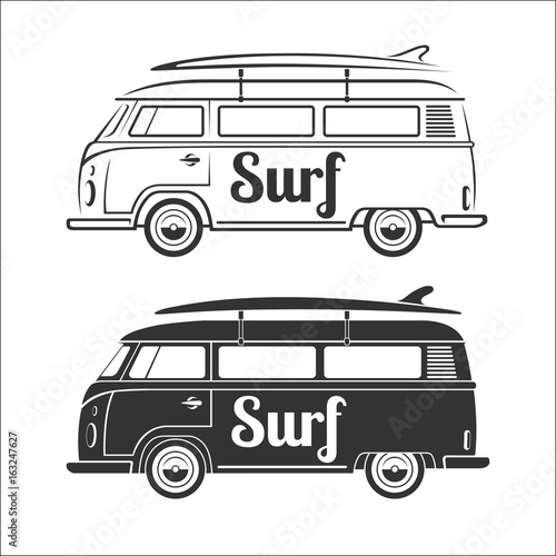 Download Vintage retro camper van with surfboard. Set of surfer bus ...