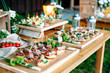 Beautiful catering banquet buffet table decorated in rustic style in the garden. Different snacks, sandwiches. Outdoor.