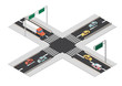 Isomertic city intersection road markings vector illustration. 