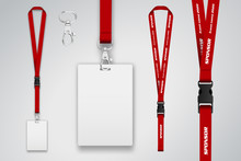 Set Of Lanyard And Badge. Template For Presentation Of Their Design. Realistic Vector Illustration.