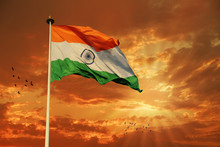 Tricolor Indian Flag During Sunset And Beautiful Sky