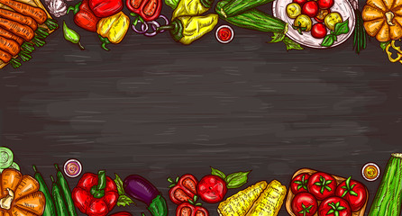 Vector cartoon illustration of various vegetables on a wooden background, top view with copy space. Bright poster with organic food