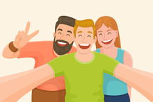 Group Of Three Friends Taking A Selfie. Friendship And Youth Concept. Vector Illustration.