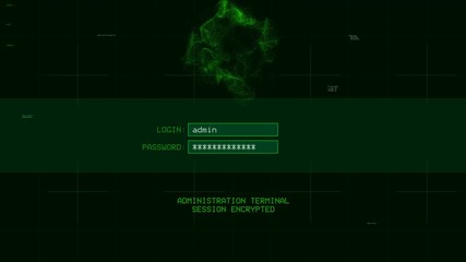 Retro screen with computer hacking in progress, successful login, data theft. Retrofuturistic hacking on CRT monitor

