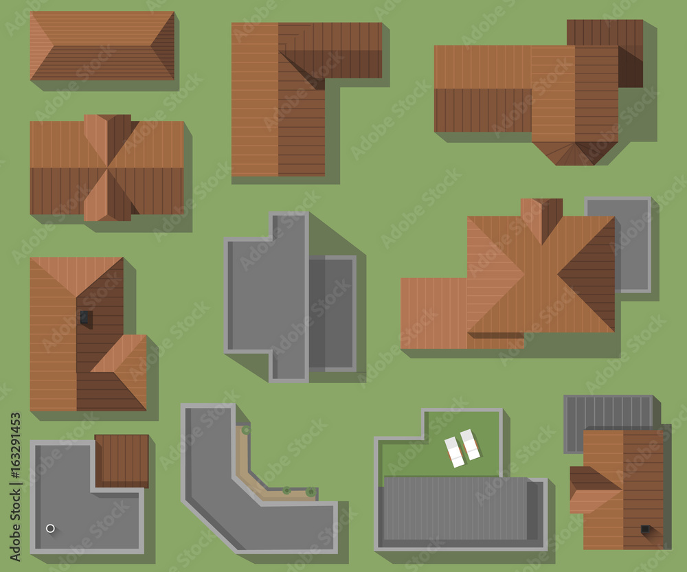 Top view of houses, roofs, vector set. Modern, high-tech and classic ...