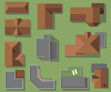 Top View Of Houses, Roofs, Vector Set. Modern, High-tech And Classic Roofing Houses.