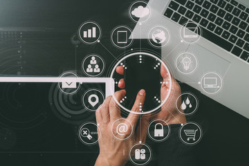 Poster - cyber security internet and networking concept.Businessman hand working with VR screen padlock icon mobile phone on computer background