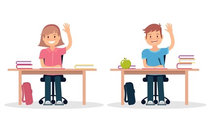 School children in classroom sitting at their desks and learning. Elementary school pupil raising hand. Vector illustration.