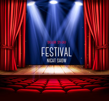 Background With A Red Curtain And A Spotlight. Festival Night Show Poster. Vector.