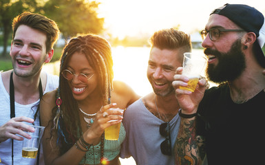 Wall Mural - Group of Friends Drinking Beers Enjoying Music Festival Together