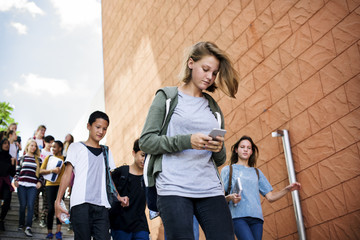 Wall Mural - group of school friends walking down staircase
