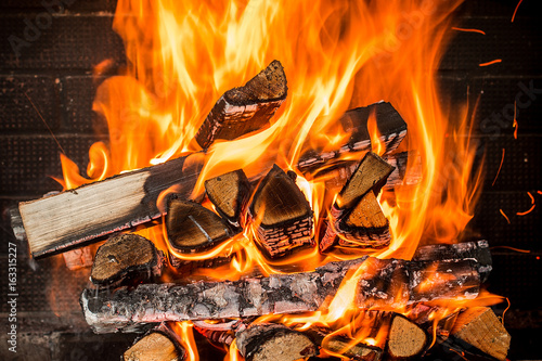 Fotografía Burning firewood in the fireplace close up