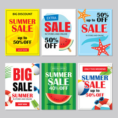 Wall Mural - Summer sale emails and banners mobile templates. Vector illustrations for website, posters, brochure, voucher discount, flyers, newsletter designs, ads, promotional background.