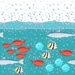 Cartoon style fish in the ocean with water bubbles 2d seamless pattern.