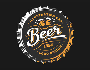 Mug beer logo on cap - vector illustration, emblem brewery design on dark background