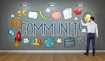 Wall Mural - Businessman drawing social network sketch on a wall 3D rendering