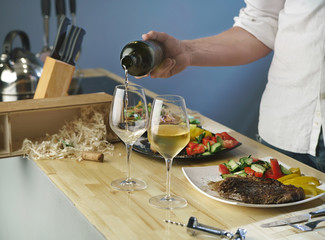 Wall Mural - Meat steak with vegetables and white wine