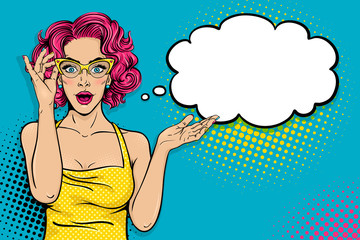 Wow pop art female face. Sexy surprised young woman in glasses with open mouth and pink curly hair and speech bubble. Vector bright background in pop art retro comic style. Paty invitation poster.