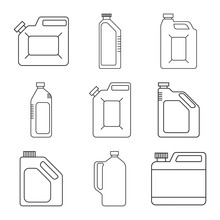 Blank Plastic Canisters. Modern Thin Line Icons Set. Outline Symbol Collection. Engine Oil. Plastic Packaging For Machine Oil, Water, Milk. Vector.