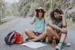 © carballo - friends travel on the road with expression of fatigue