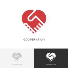 Wall Mural - Cooperation business logo - two hands make a deal and heart symbol. Handshake, partnership and love vector icon.
