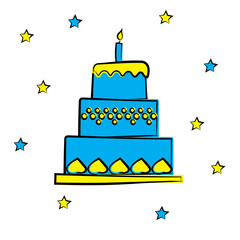 Cartoon birthday cake with candle, blue and yellow dessert and star, vector illustration