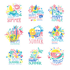 Canvas Print - Happy Summer logo template original design set, colorful hand drawn vector Illustrations