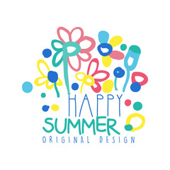 Poster - Happy Summer logo template original design colorful hand drawn vector Illustration