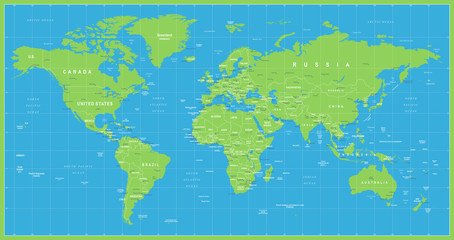 Wall Mural - World Map Vector Blue Green. Detailed illustration of worldmap