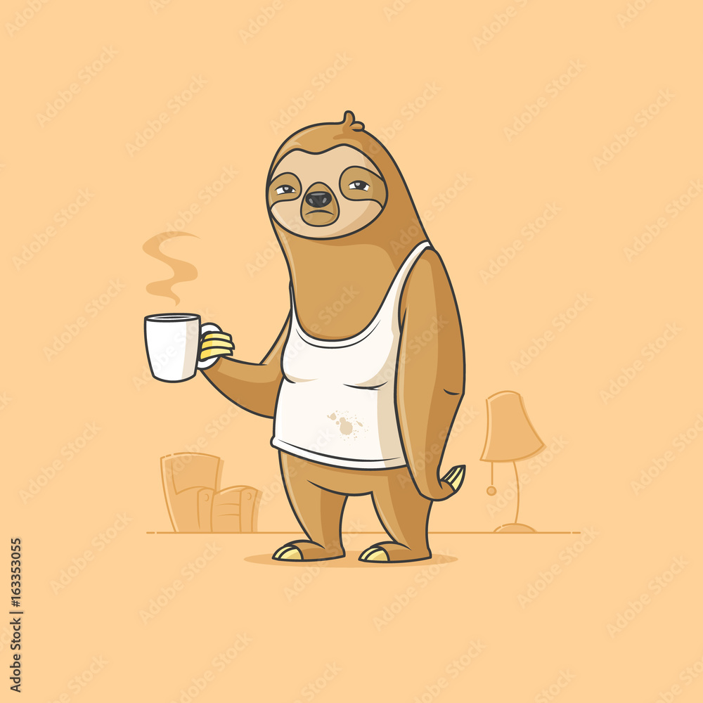 Sad sloth cartoon character holding cup of morning coffee vector illustration - obrazy, fototapety, plakaty 